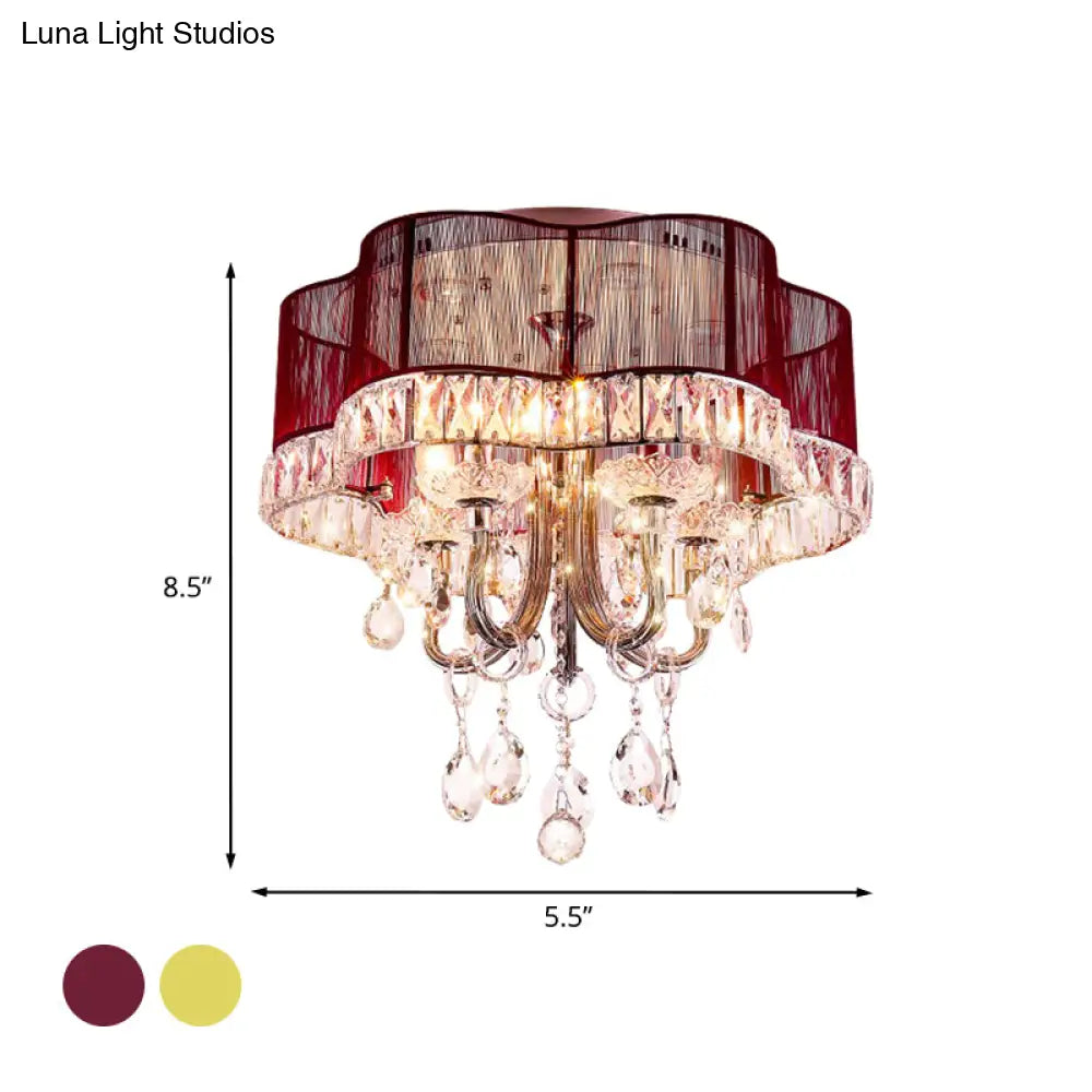 Modern Gold/Red Led Floral Bedroom Ceiling Light With Crystal Accent