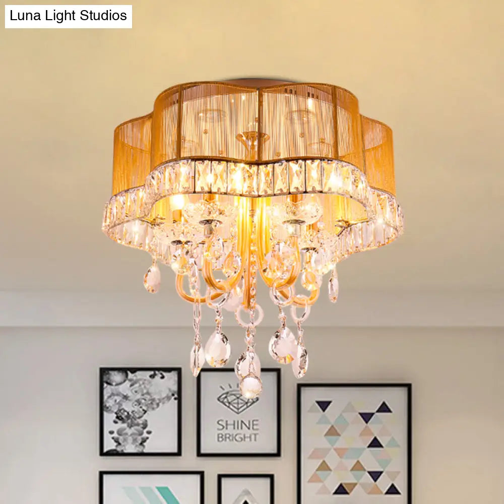 Modern Gold/Red Led Floral Bedroom Ceiling Light With Crystal Accent