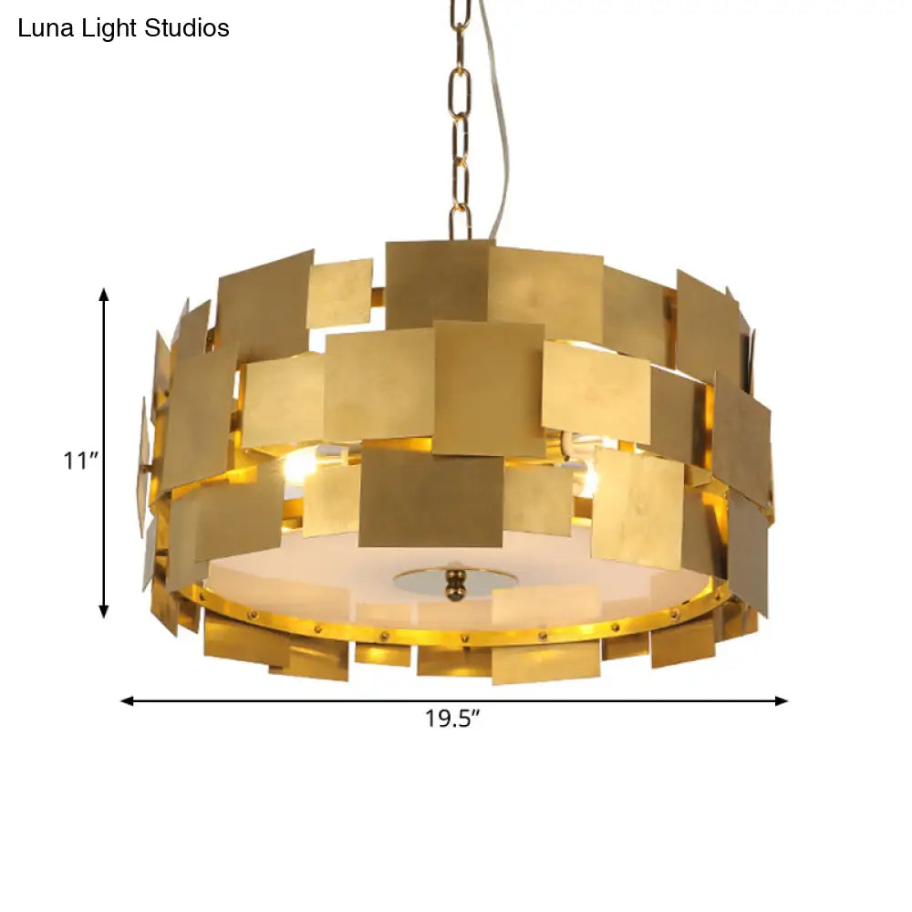 Modern Gold Square Panel Hanging Light Kit - 6 Bulb Metallic Drum Ceiling Chandelier