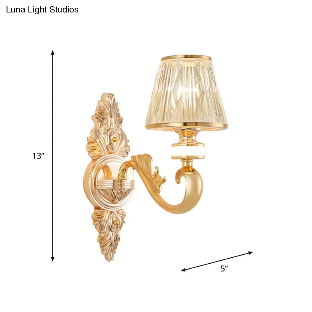 Modern Gold Wall Sconce With Crystal Cone Shade - Bedside/Room Fixture