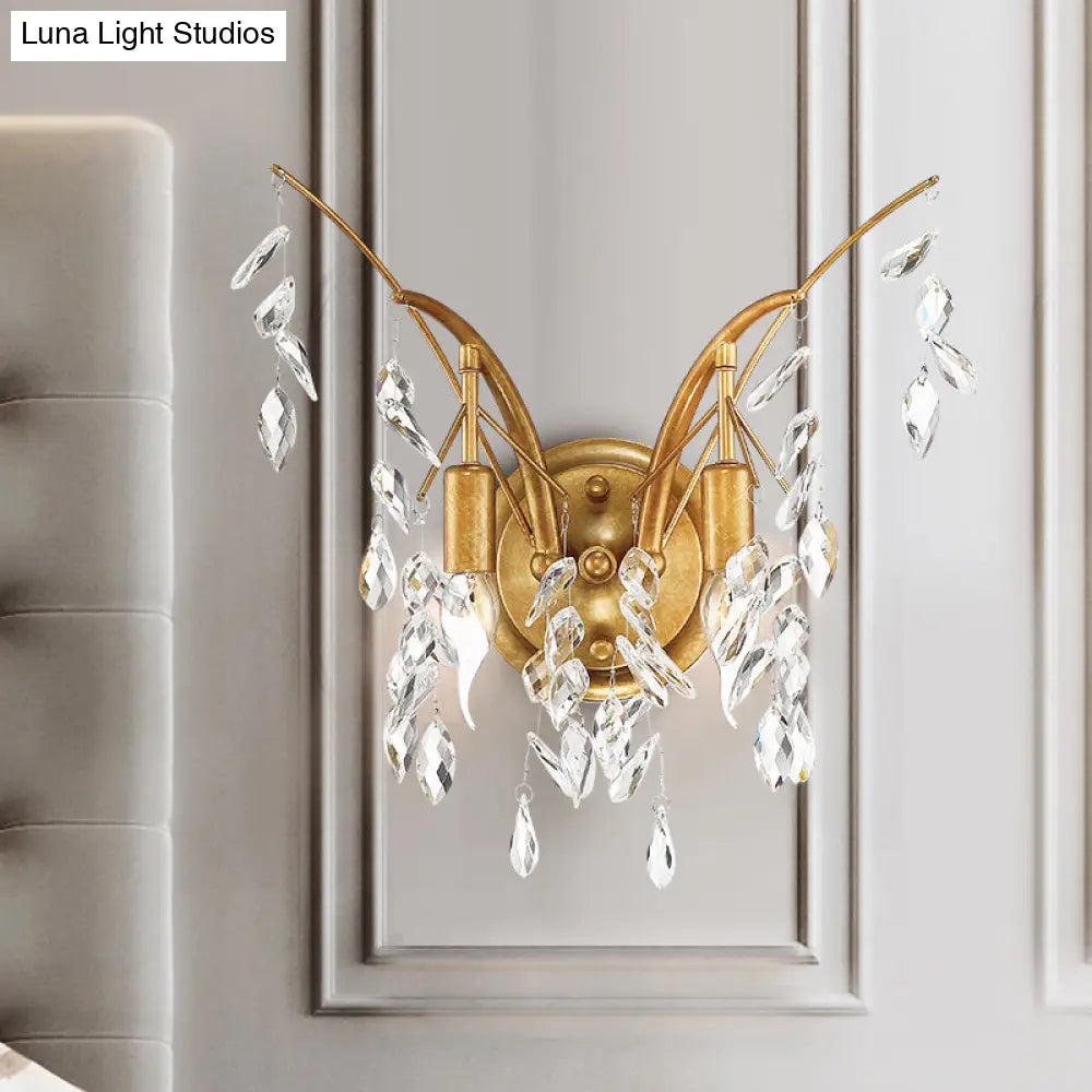 Modern Gold Wall Sconce With Crystal Drop - 2-Light Branch Mount