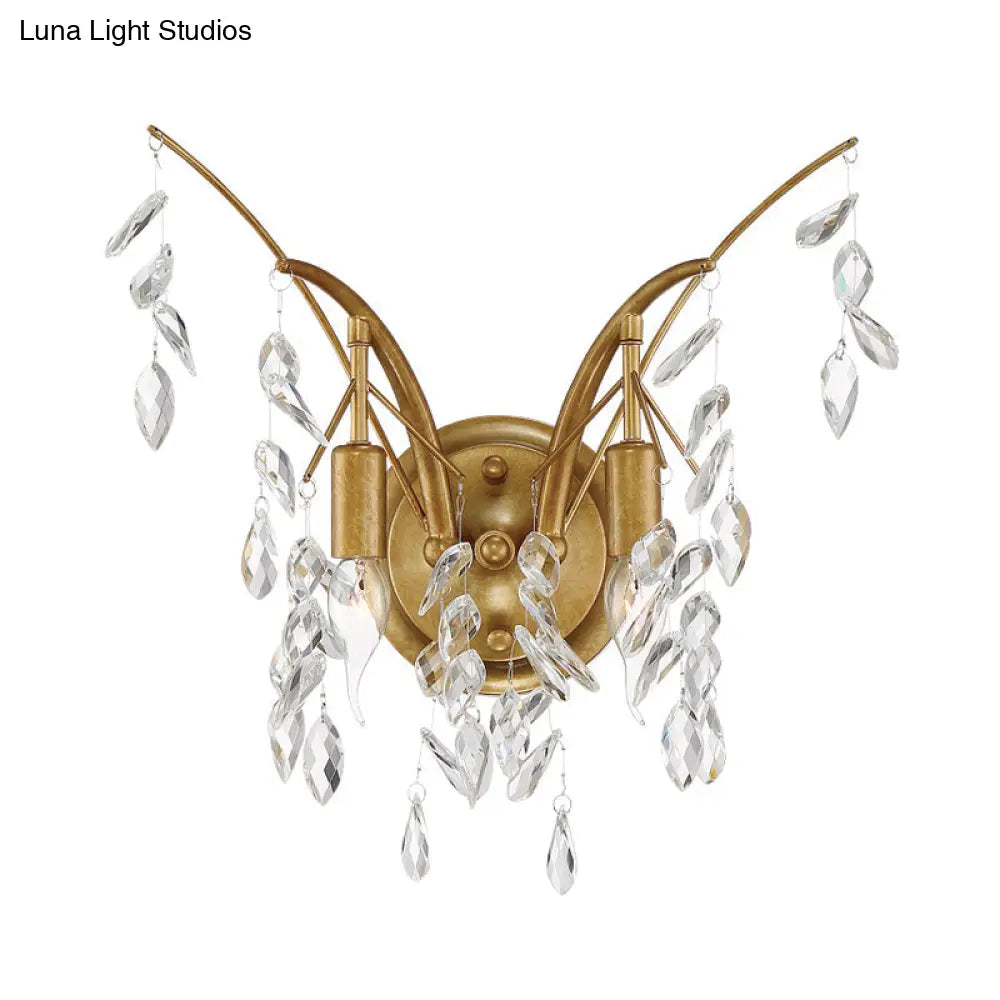 Modern Gold Wall Sconce With Crystal Drop - 2-Light Branch Mount