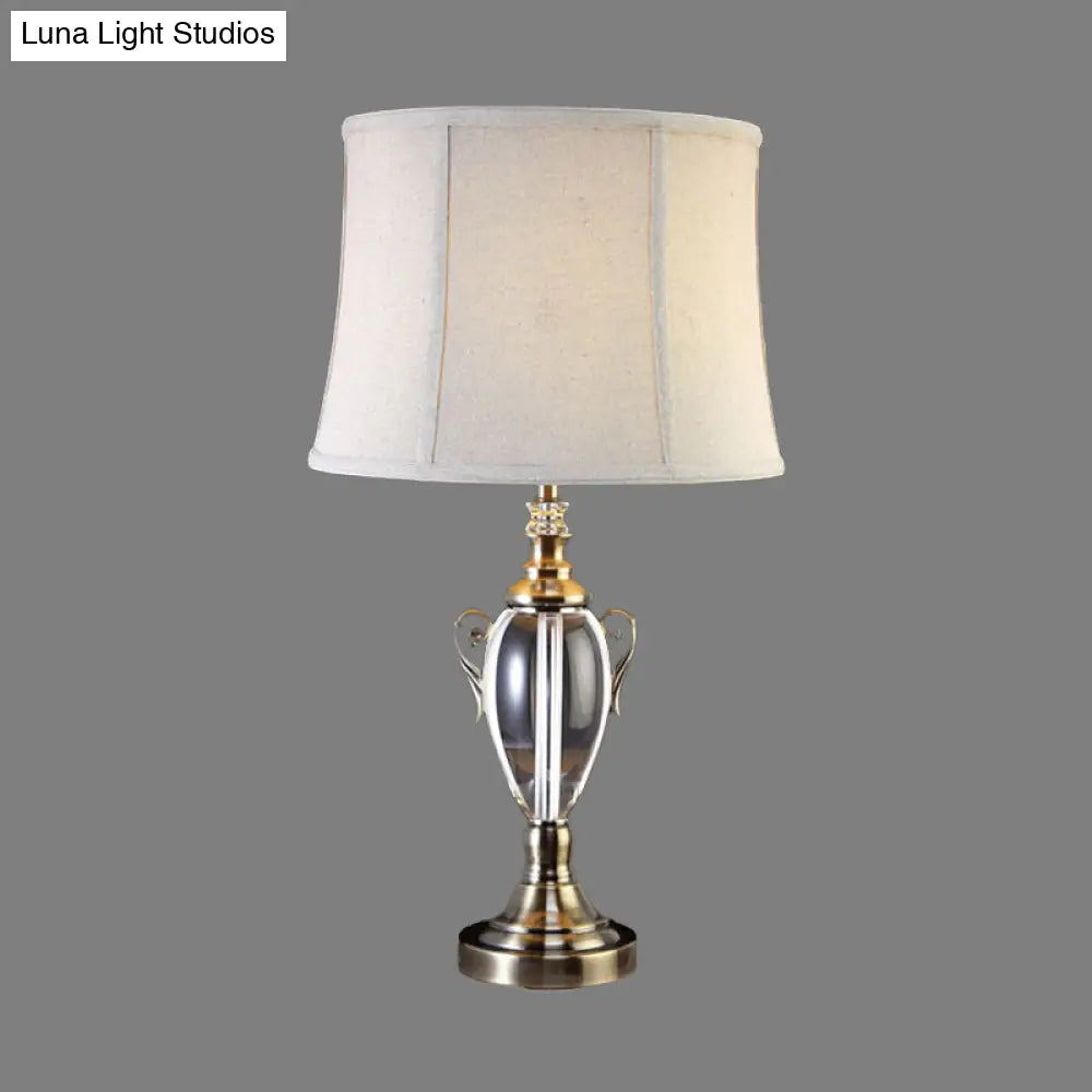 Modern Grey Barrel Shade Table Lamp For Living Room - Small Desk Light With Fabric & 1 Bulb