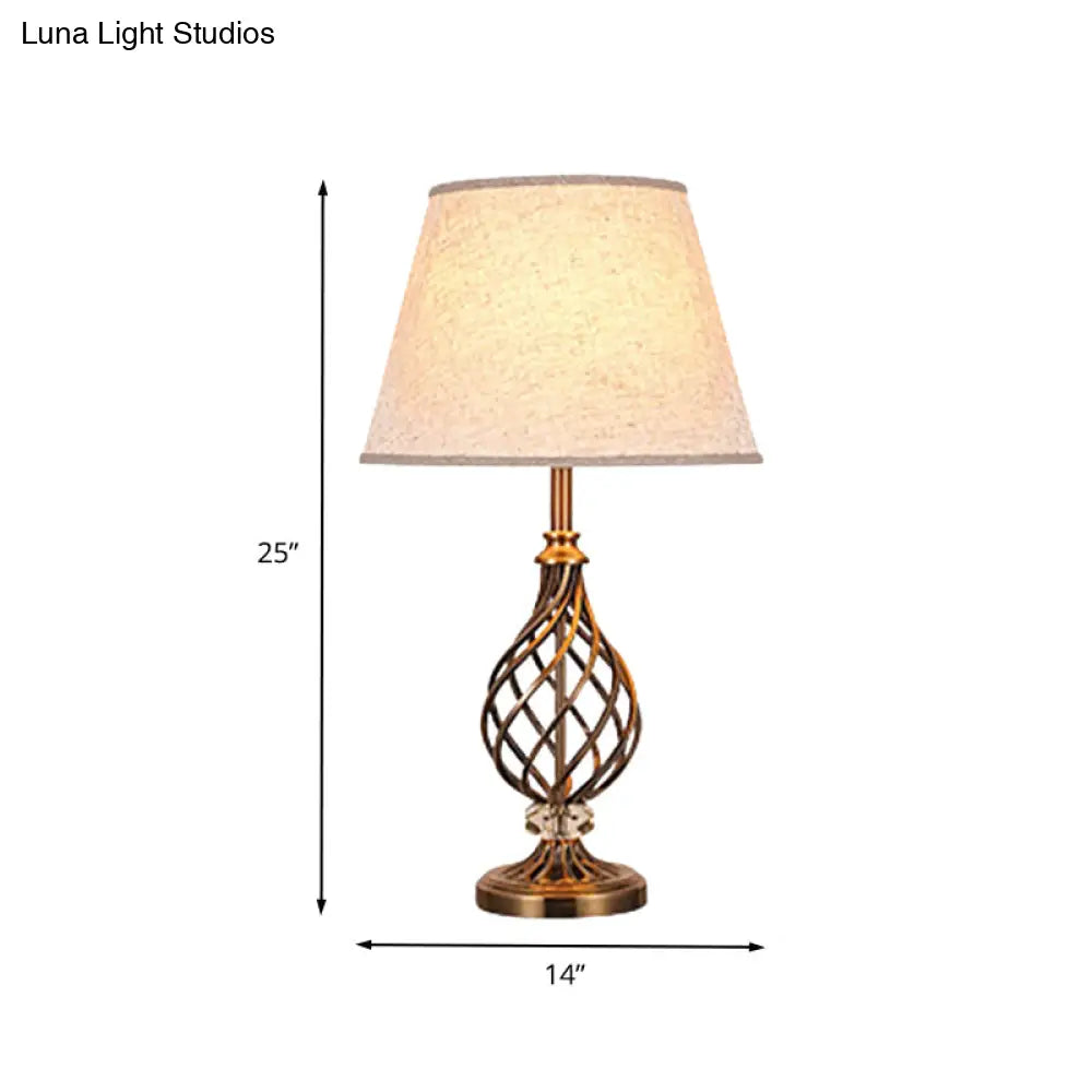 Modern Grey Fabric Conical Table Light With Laser Cut Gold Metallic Base - Desk Lamp