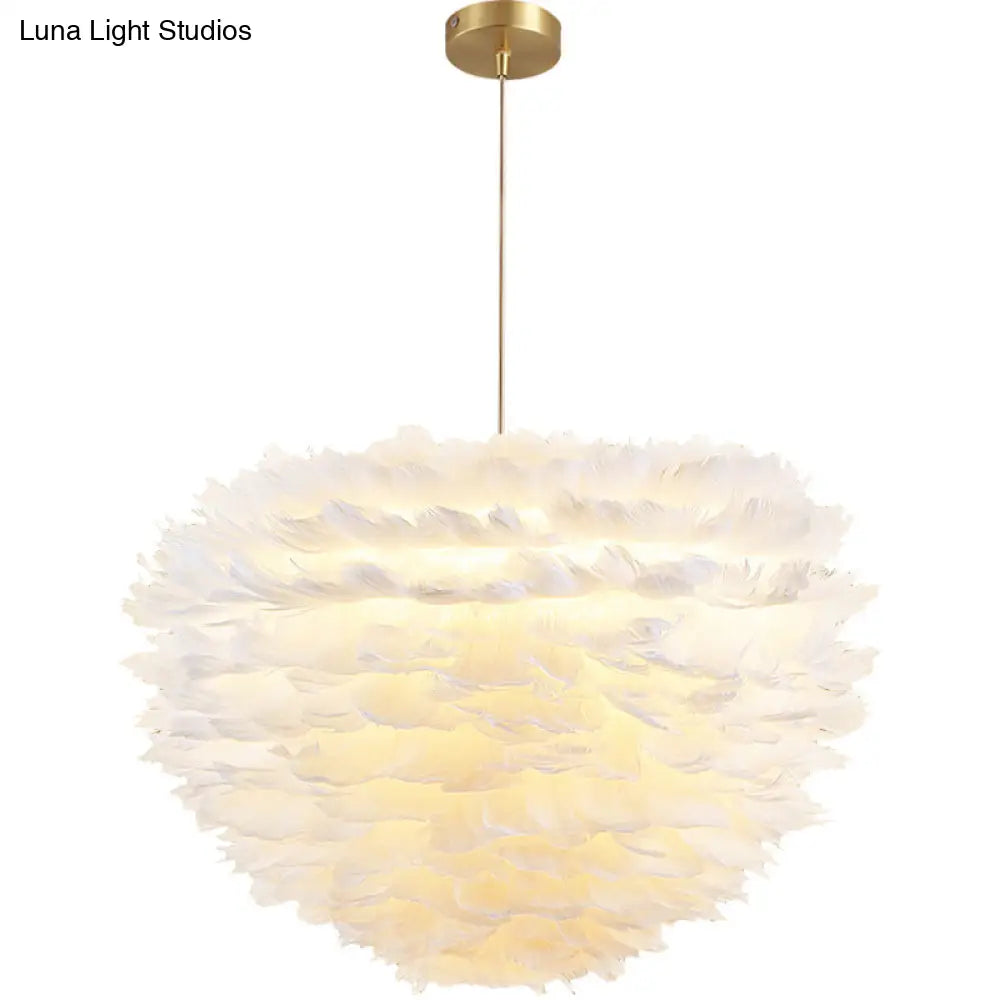 Modern Hand-Woven Feather Globe Chandelier For Bedroom - White Pendant Light