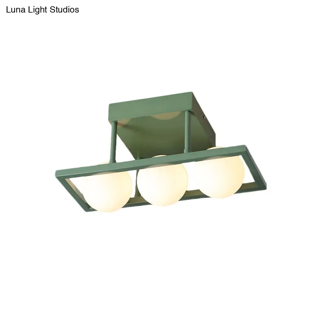 Modern Iron Semi Flush Ceiling Lamp With Globe White Glass Shade - Green 3/4/6 - Head Macaron Design