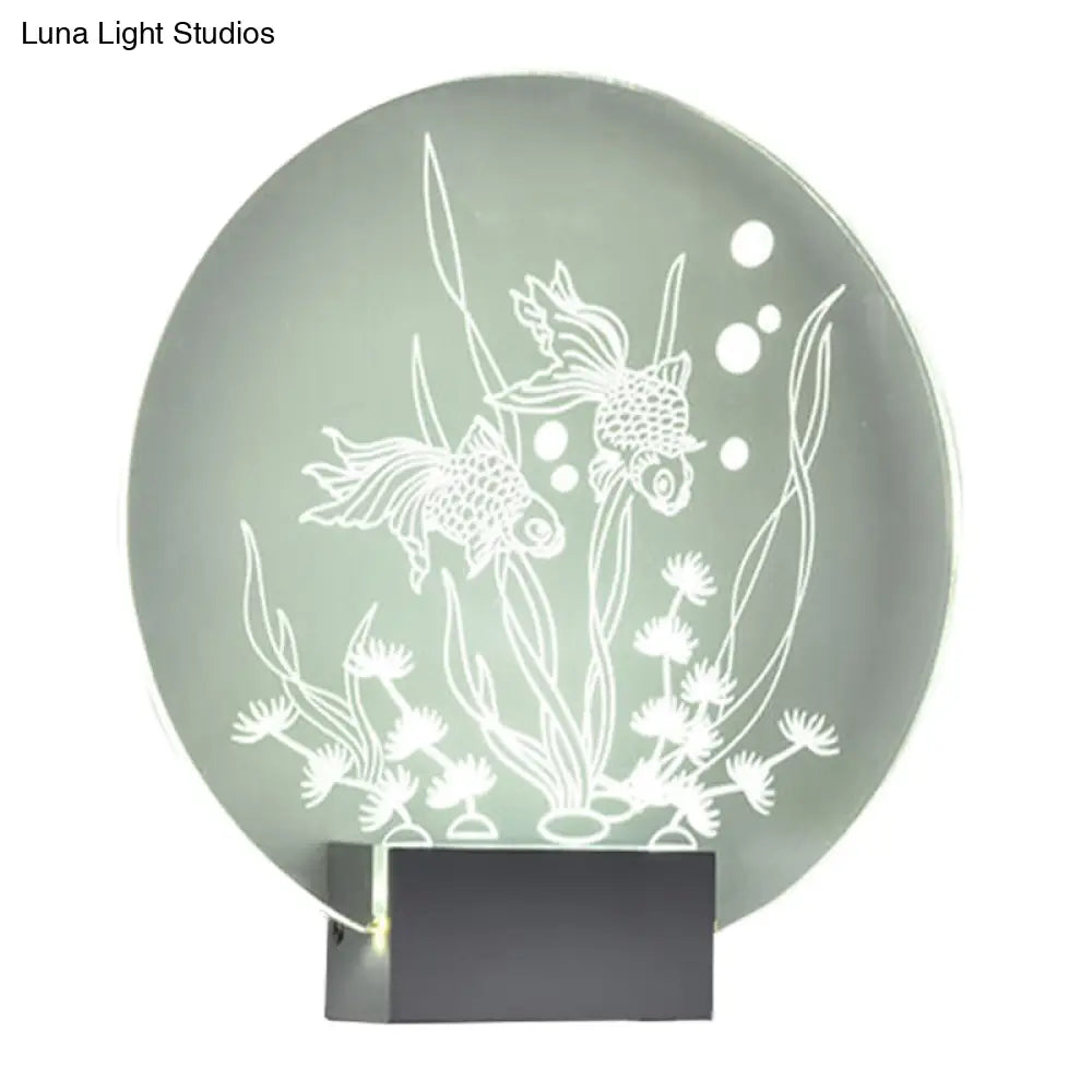 Modern Led Acrylic Wall Lamp: Clear Rounded Fish And Coral Mural Asian-Inspired Lighting For