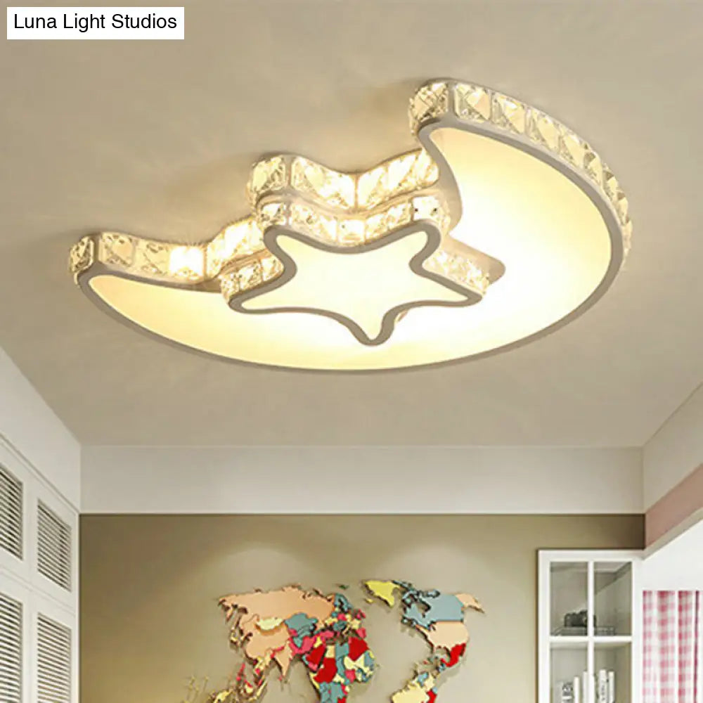 Modern Led Bedroom Ceiling Light Fixture - White Flush Mount With Star Moon Crystal Shade