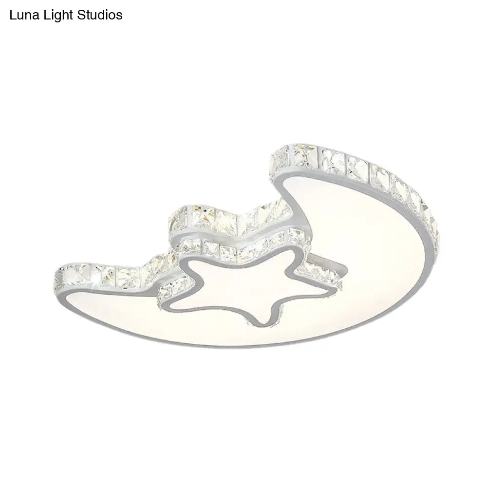 Modern Led Bedroom Ceiling Light Fixture - White Flush Mount With Star Moon Crystal Shade