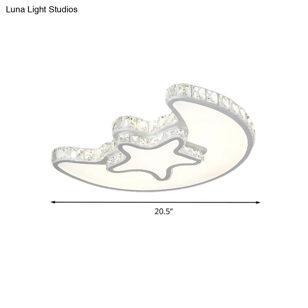 Modern Led Bedroom Ceiling Light Fixture - White Flush Mount With Star Moon Crystal Shade