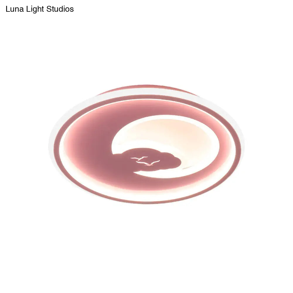 Modern Led Bedroom Light: White/Pink Flush Mount Ceiling Fixture With Moon Acrylic Shade