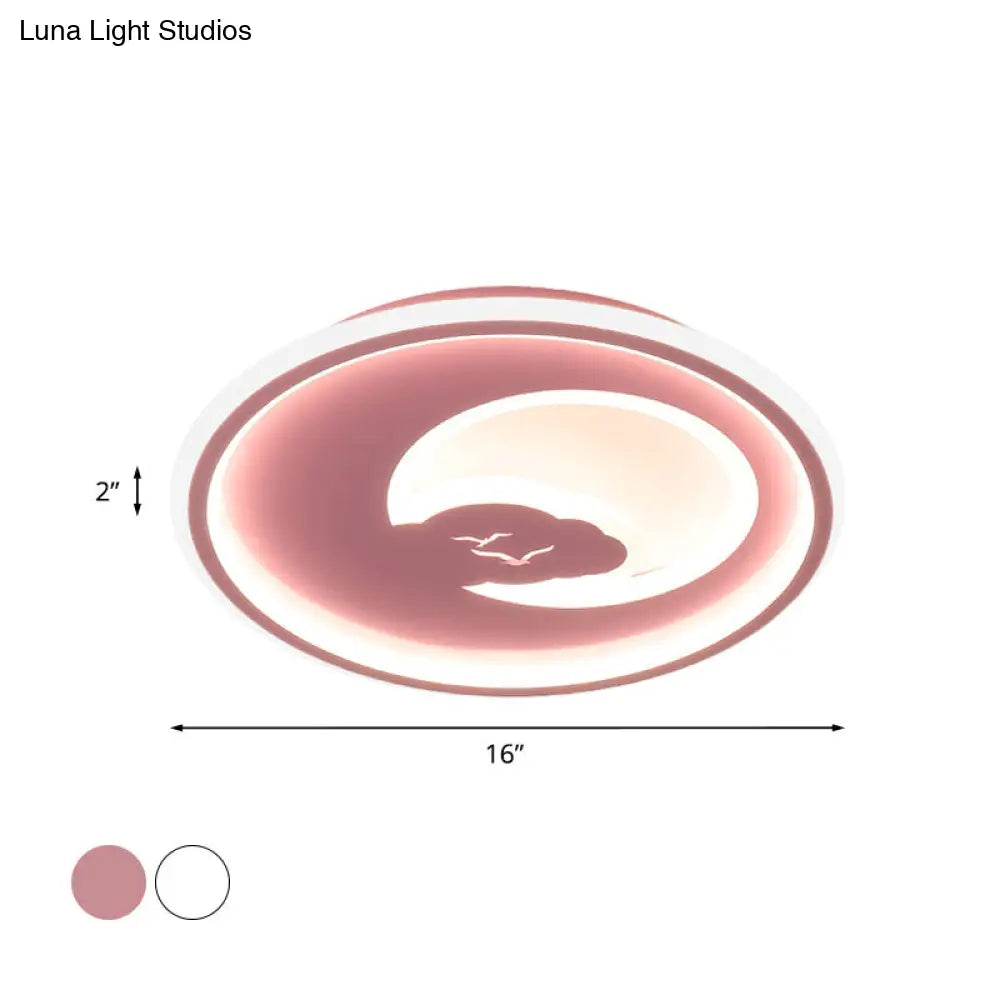 Modern Led Bedroom Light: White/Pink Flush Mount Ceiling Fixture With Moon Acrylic Shade