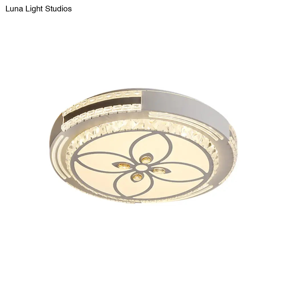Modern Led Crystal Block Circle Ceiling Light With Four - Leaf Clover/Flower Pattern In Chrome