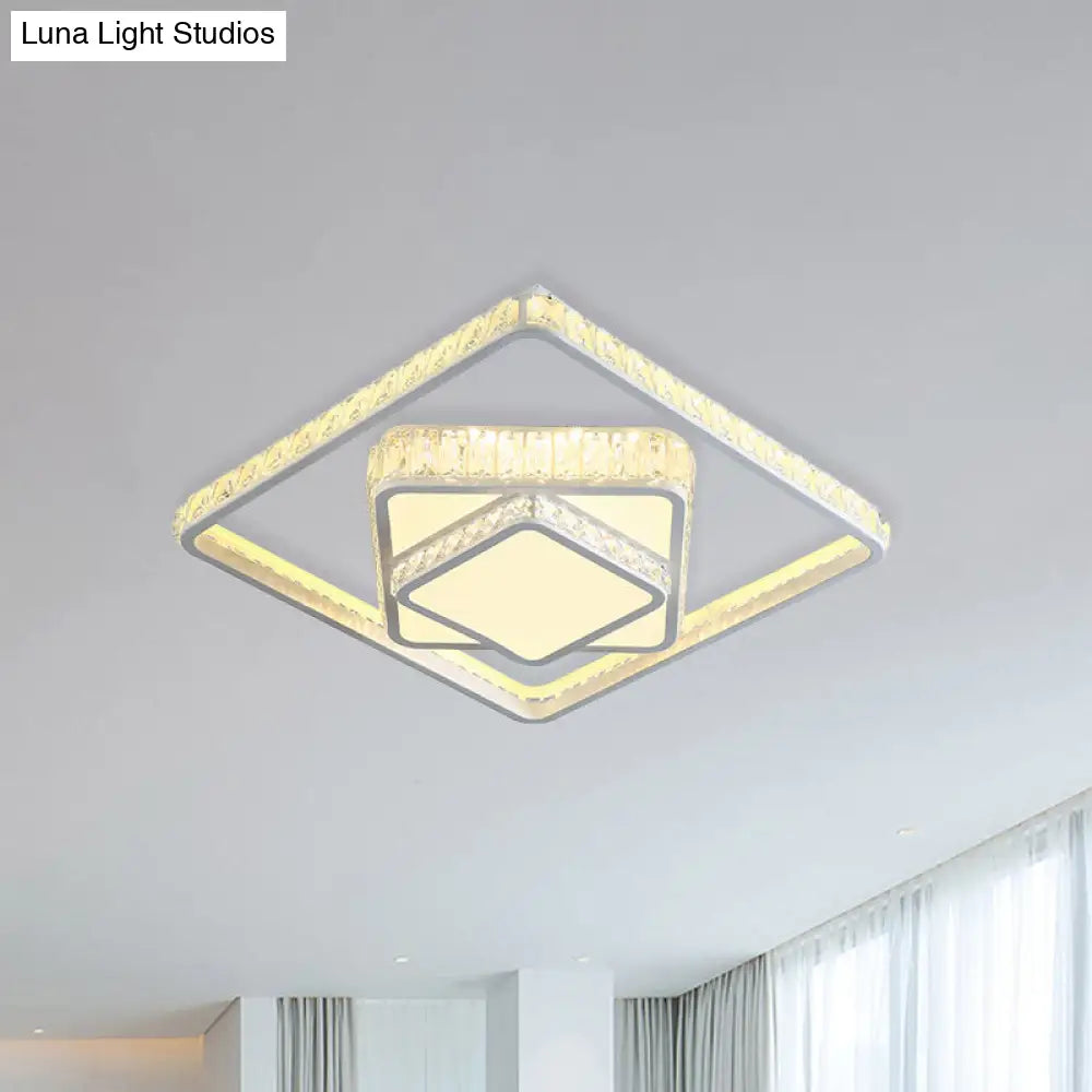Modern Led Crystal Ceiling Light: Square Flush Mount Fixture In White For Bedroom