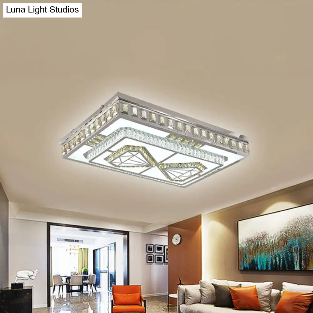 Modern Led Crystal Flush Mount Ceiling Light In Chrome With Diamond Design
