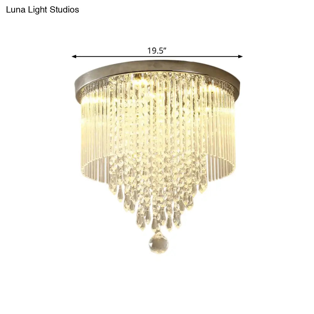 Modern Led Crystal Shade Chrome Flushmount Light 8’/19.5’ Wide Cylinder Ceiling Lamp