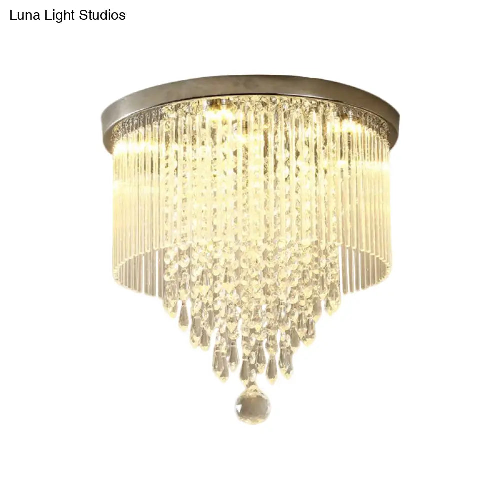 Modern Led Crystal Shade Chrome Flushmount Light 8’/19.5’ Wide Cylinder Ceiling Lamp