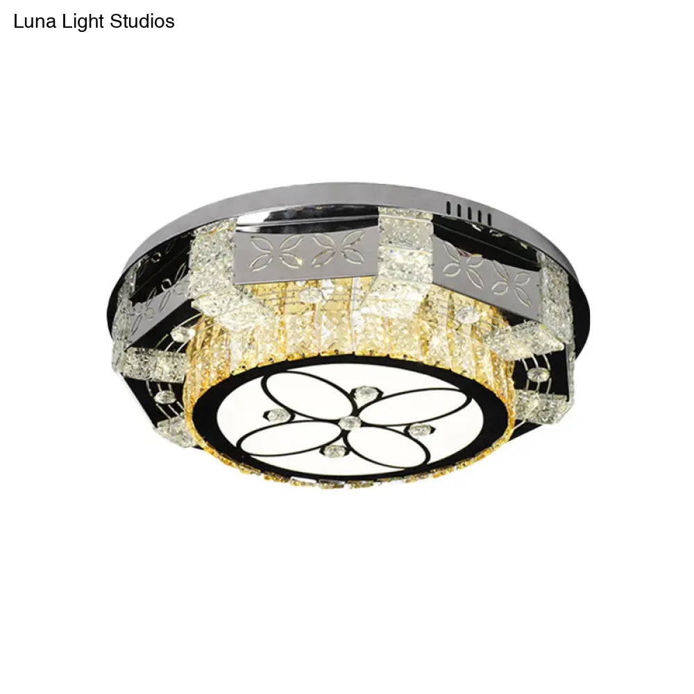Modern Led Flush Mount Ceiling Light Fixture With Crystal Block Drum Shade In Nickel - Flower/Four
