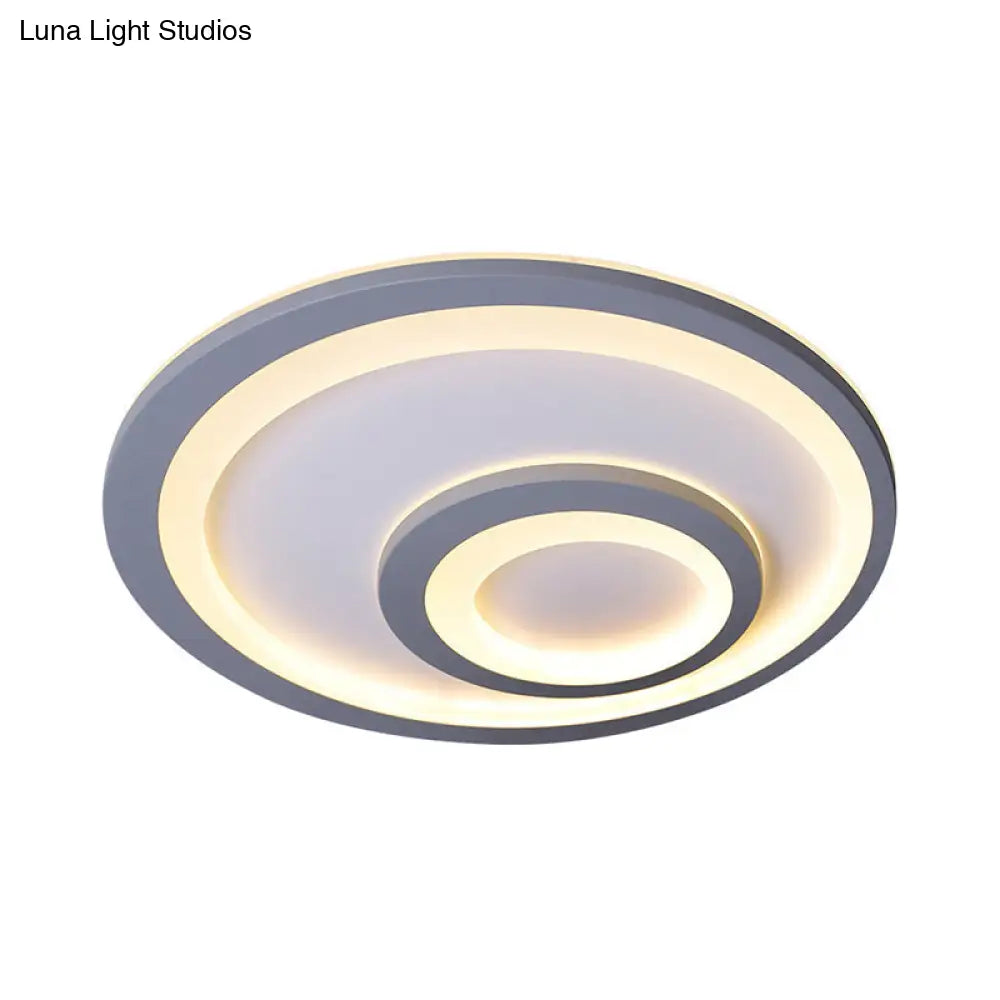 Modern Led Flush Mount Lamp - Sleek Grey Ceiling Light With Round Metal Shade In Warm/White