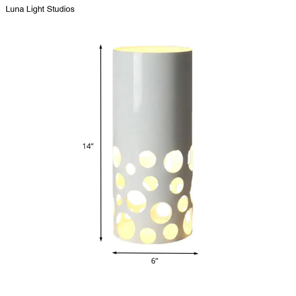 Modern Led Tearoom Table Light - White Finish Desk Lamp With Cylinder Metal Shade