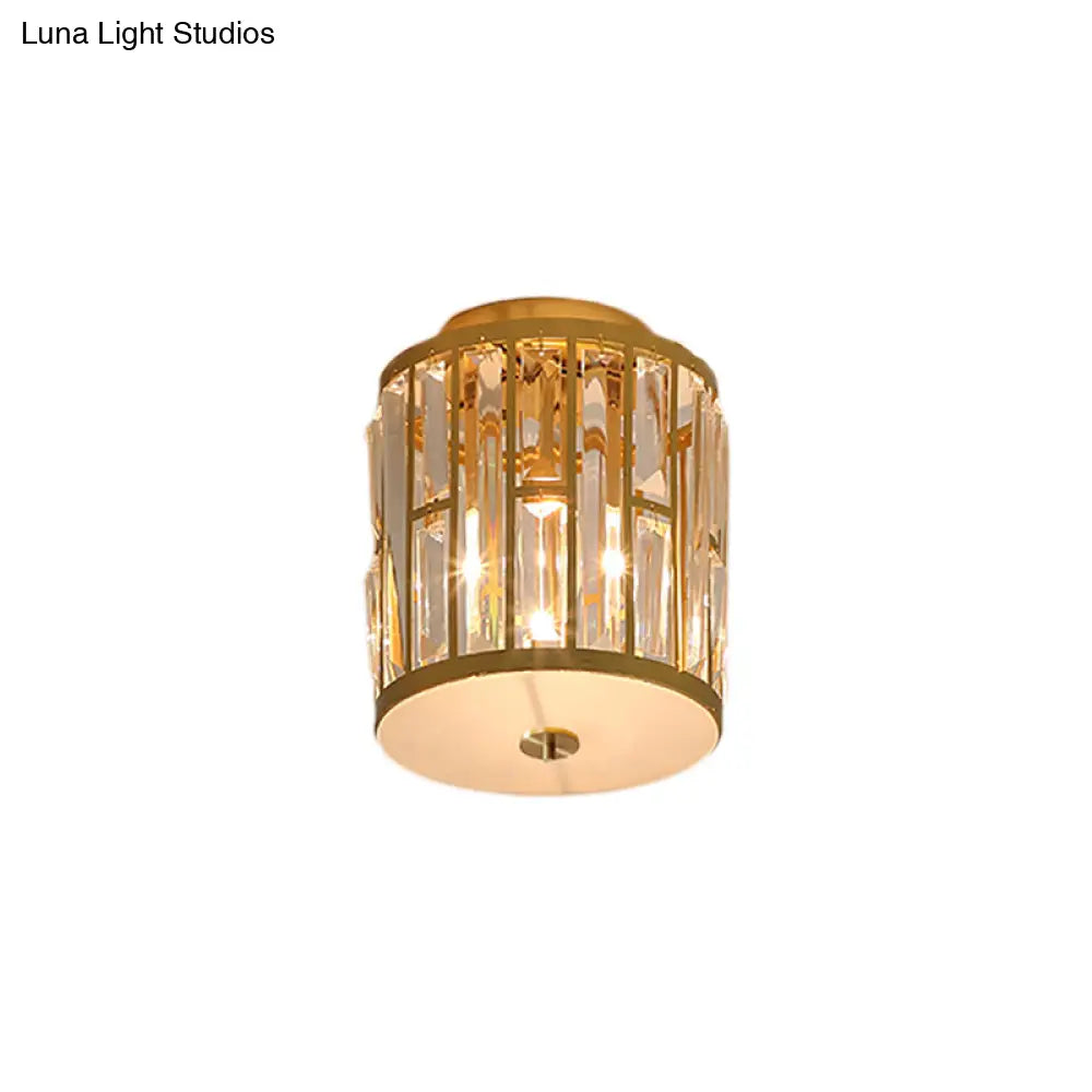 Modern Metal And Crystal Cylinder Flush Mount Light With Gold Ceiling Fixture’ Or ’Gold Light: