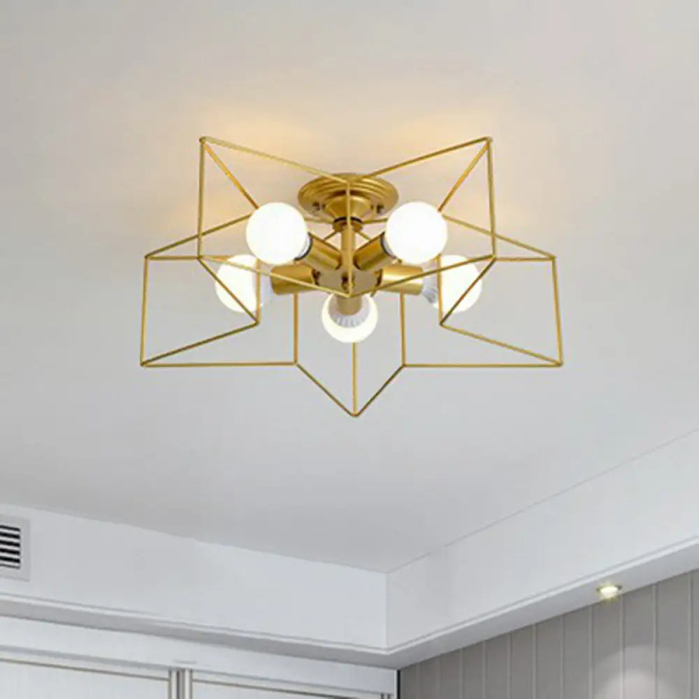 Modern Metal Ceiling Light Fixture For Bedroom - Pentagram Cage Semi Flush Mount Lamp With 5 Bulbs
