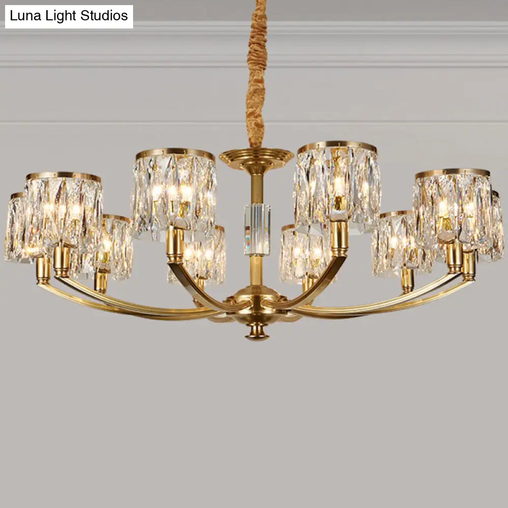 Modern Metal Chandelier With Brass Arced Arm And Prismatic Crystal Shade