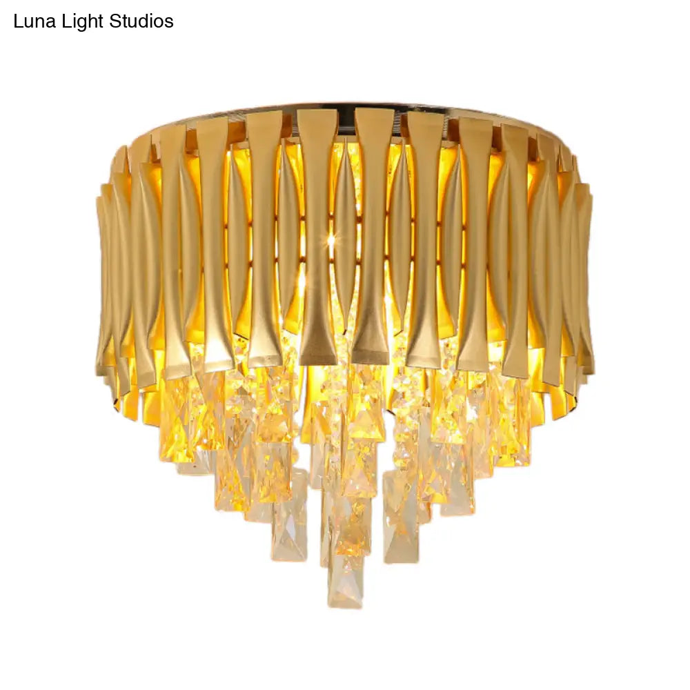 Modern Metal Drum Ceiling Light Fixture With Crystal Block Drop - Brass Flush Mount 5 Lights