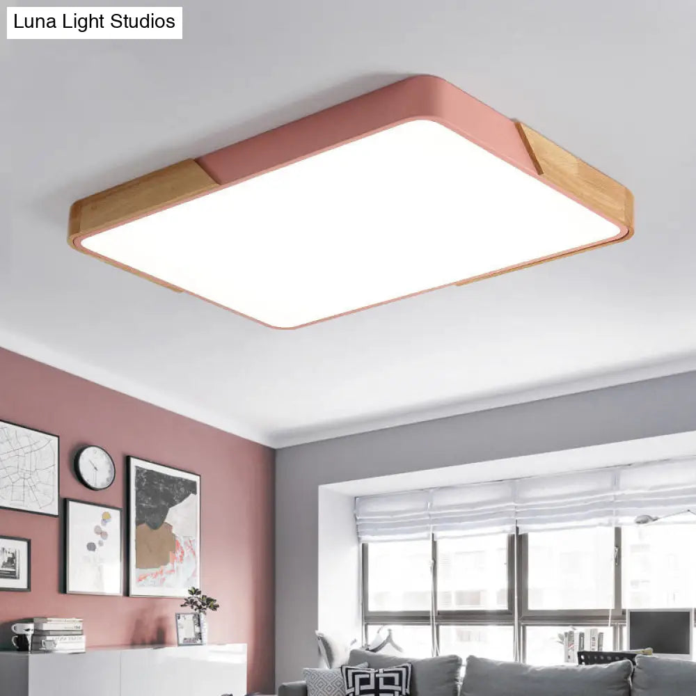 Modern Metal Flush Light: Rectangle Macaron Led Ceiling Fixture (White/Pink) With Acrylic Diffuser
