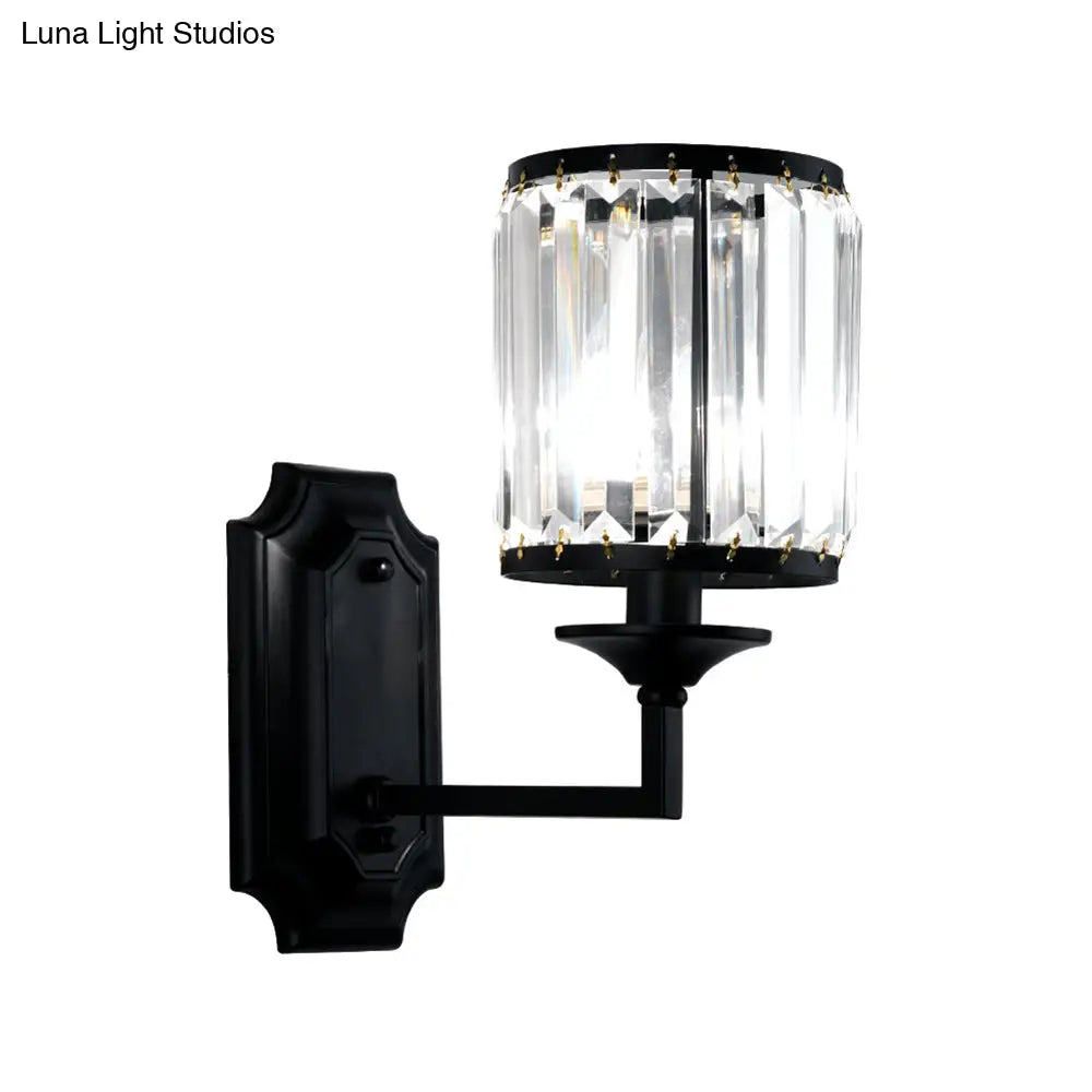 Modern Metallic Cylinder Wall Lamp: 1 Light Sconce With Clear Crystal Prism In Black For Corridor