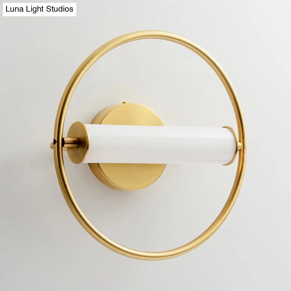 Modern Metallic Led Wall Sconce Lamp With Opal Glass Shade - Ring Bedside Fixture In Brass