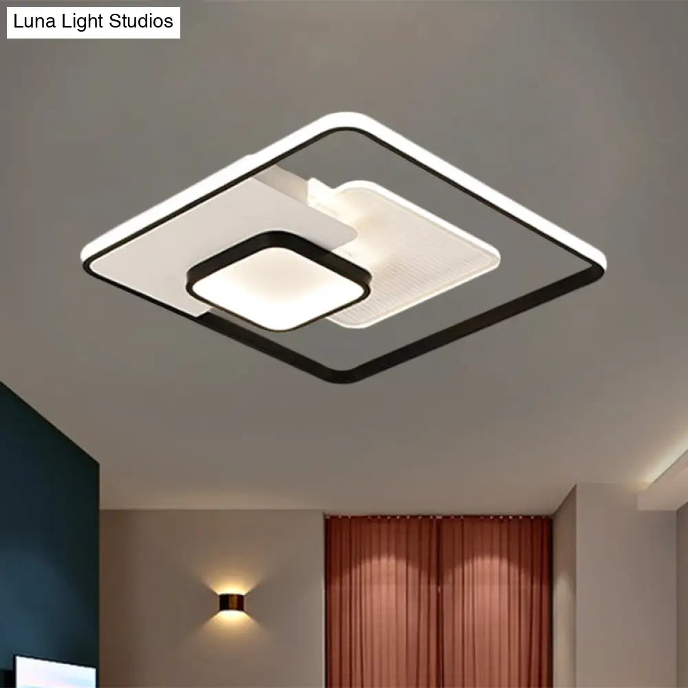 Modern Metallic Square Flush Ceiling Lamp With Led In Black/White & Warm/White 16.5’/20.5’ Wide