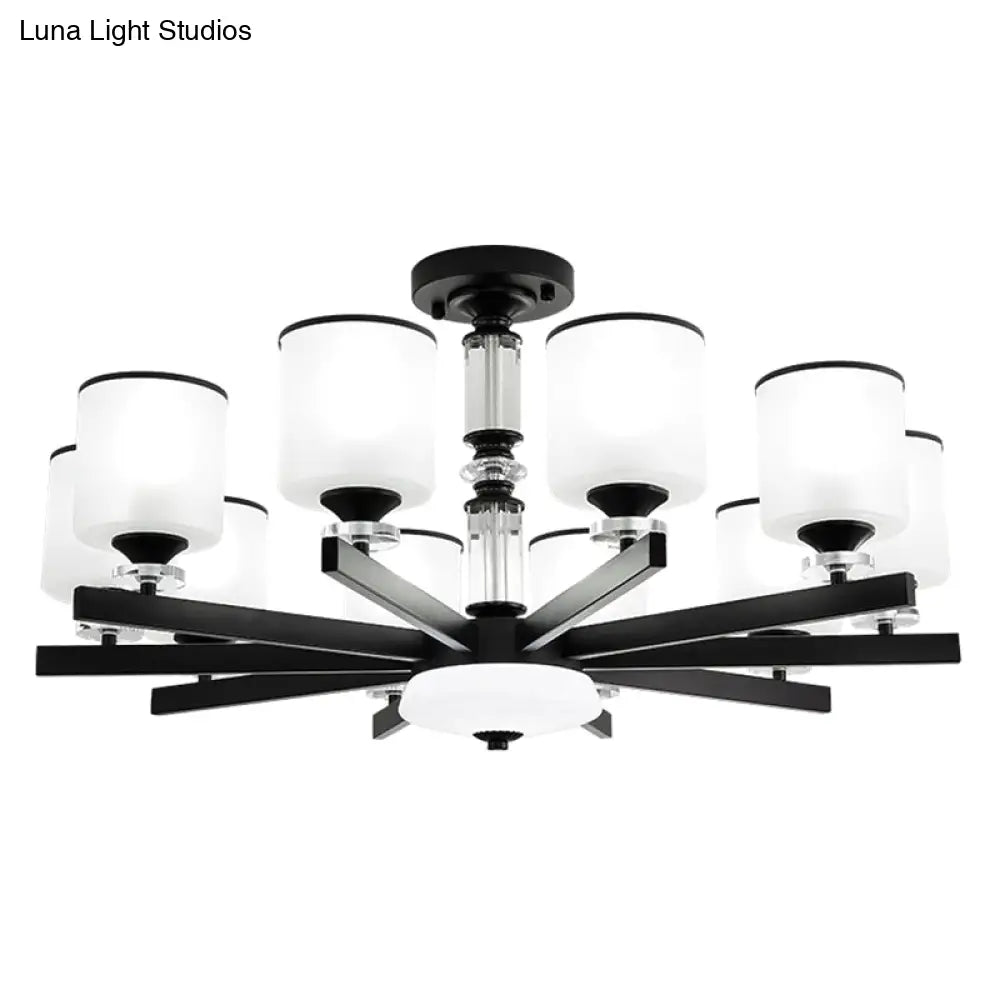 Modern Milky Glass Cup Chandelier Black Finish Hanging Light For Living Room