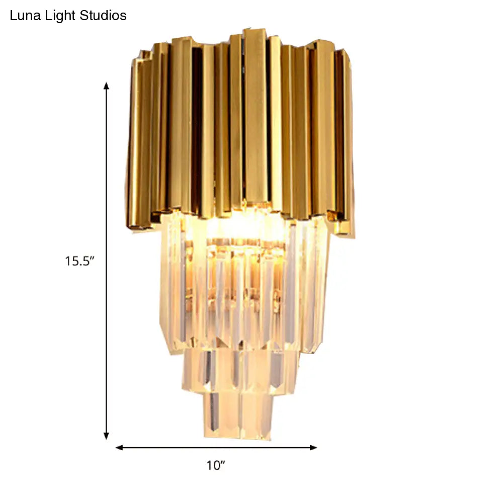 Modern Multi Layer Metal And Crystal Prisms Wall Lamp - 2/3 Bulbs Brass Finish