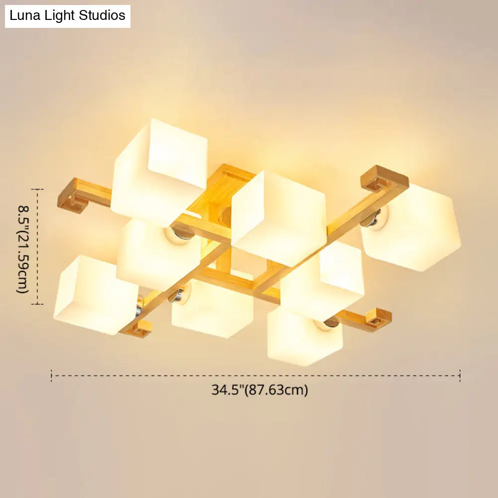 Modern Natural Wood Semi Flush Mount Light Fixture With Rectangle Glass Shade For Living Room