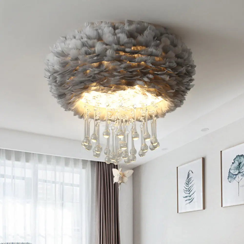 Modern Nordic Cloud Flush Light With Crystal Drop - White/Pink/Black Feather 2/3/4 Lights Bedroom