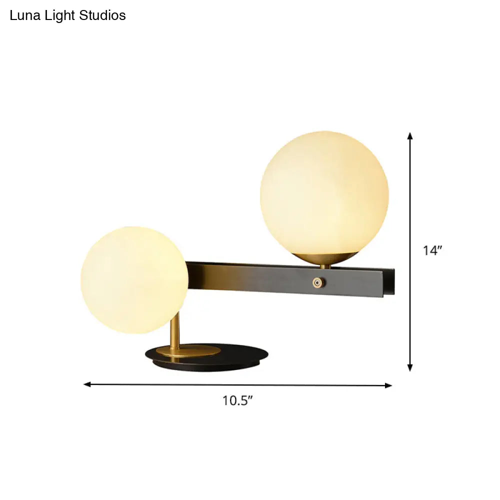 Modern Opal Glass Sphere Table Light With Black Metal Base - 2 Bulbs Small Desk Lamp