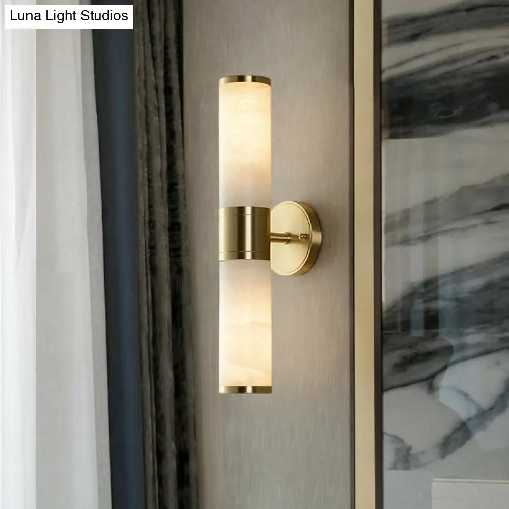 Modern Pillar Shaped Sconce Light: Marble Bedside Wall Lamp In White And Brass