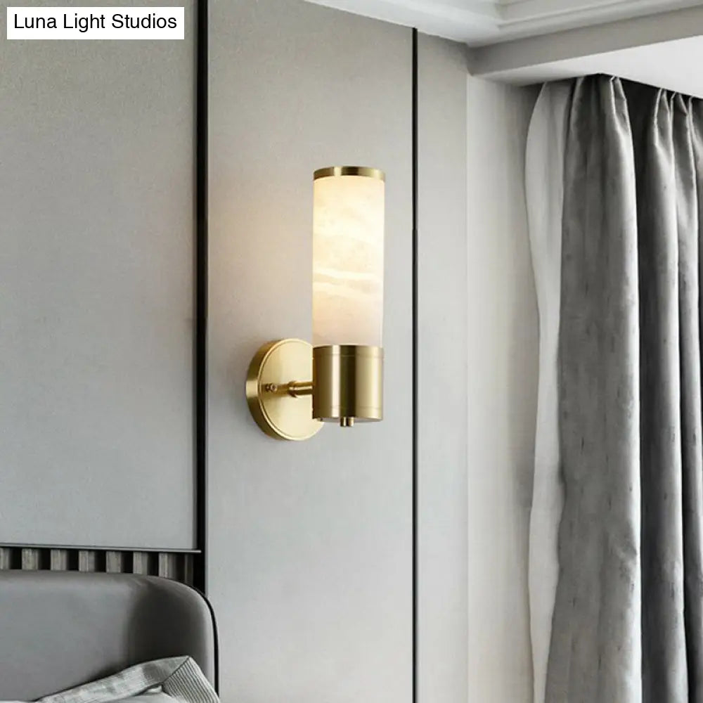Modern Pillar Shaped Sconce Light: Marble Bedside Wall Lamp In White And Brass