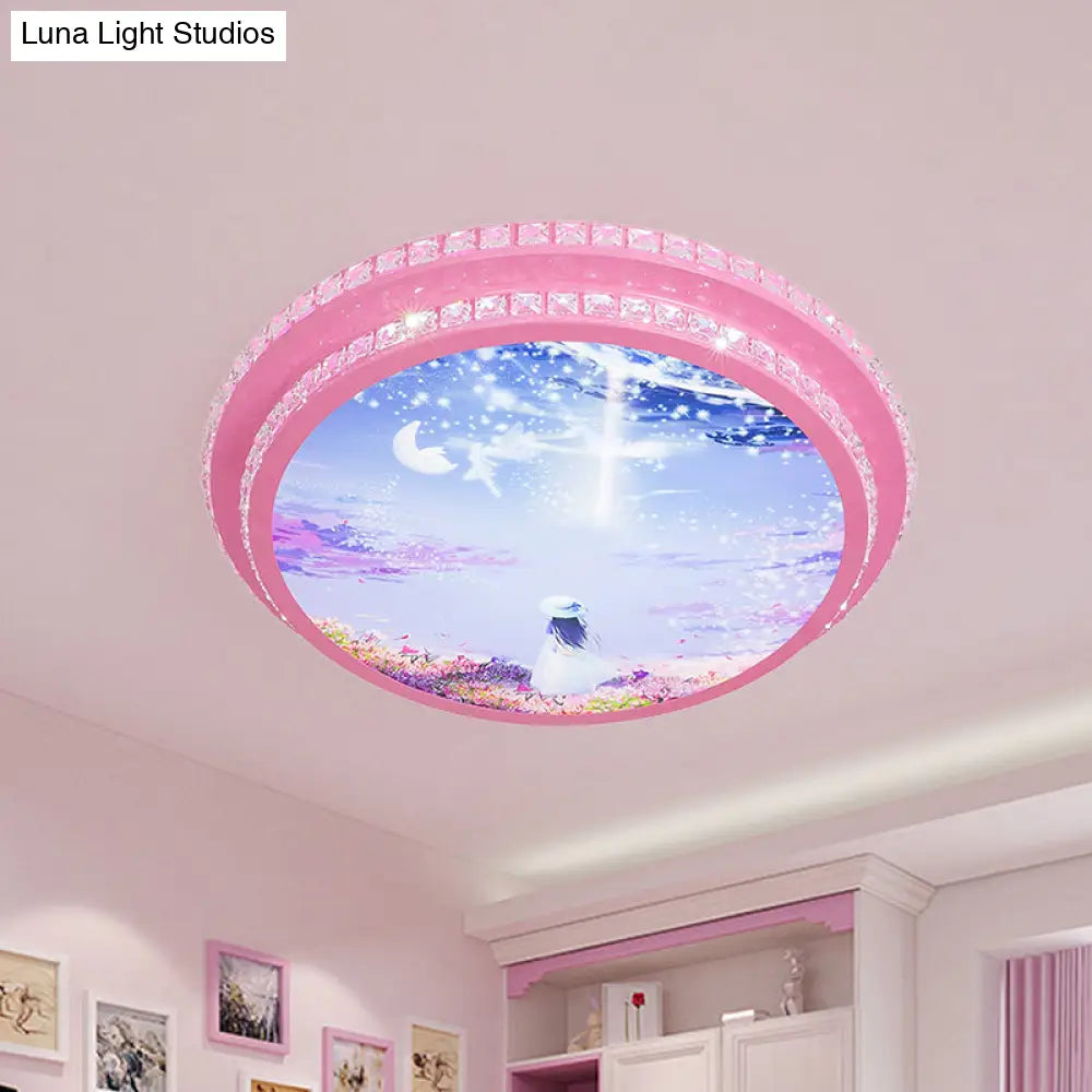 Modern Pink Led Ceiling Flush Light With Crystal Trim - Night Sky Pattern