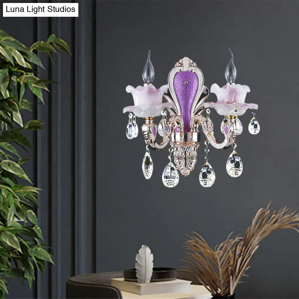 Modern Purple Candelabra Wall Mount Light With Crystal Drop - 1/2 Lights Jade Sconce Fixture