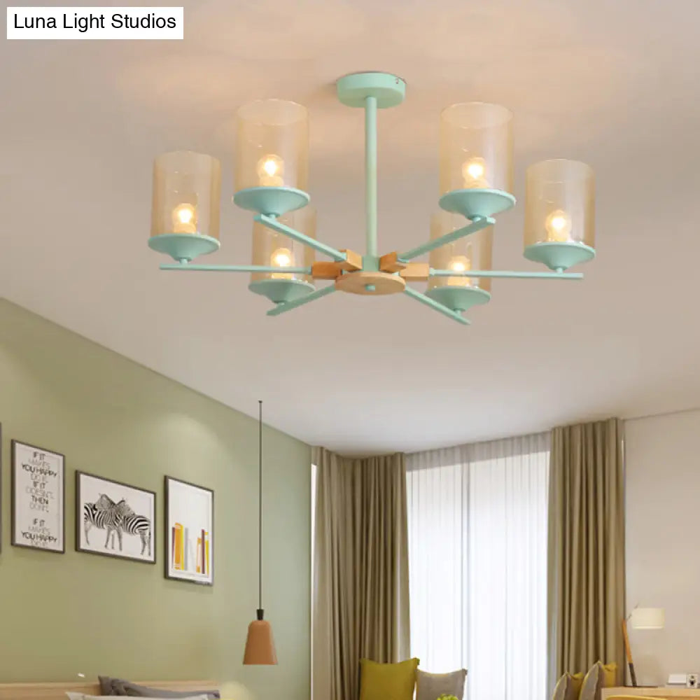 Modern Radial Iron Ceiling Chandelier - 6 Head White/Green With Wood Accents Cylinder Tan Glass