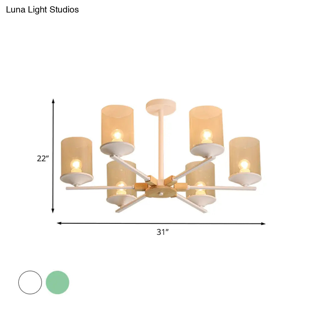 Modern Radial Iron Ceiling Chandelier - 6 Head White/Green With Wood Accents Cylinder Tan Glass