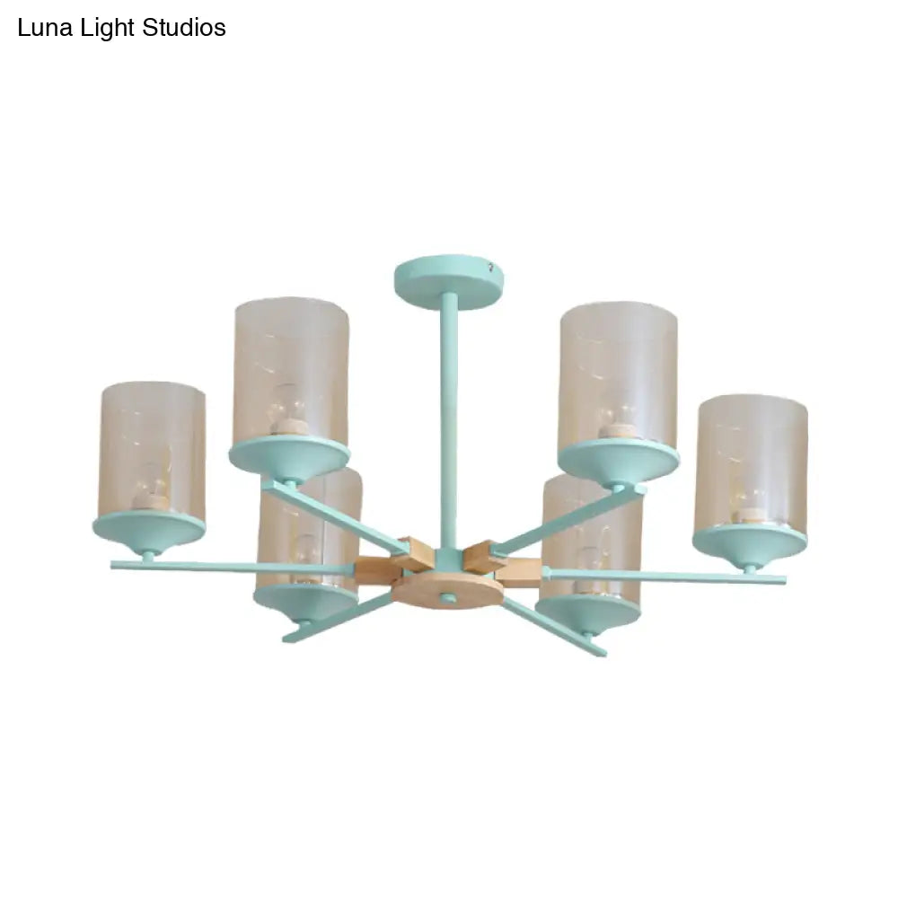 Modern Radial Iron Ceiling Chandelier - 6 Head White/Green With Wood Accents Cylinder Tan Glass