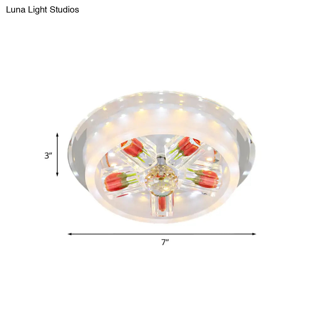 Modern Red Rose Cake Led Flush Mount Light With Crystal Shade - Frosted Glass Ceiling Fixture For
