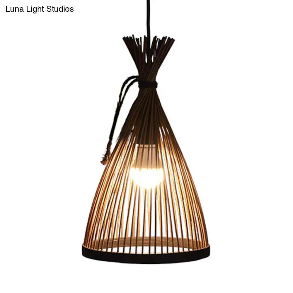 Modern Restaurant Pendant Lamp: Conical Bamboo Shade Black/Beige Hanging Ceiling Light (8/10 W)