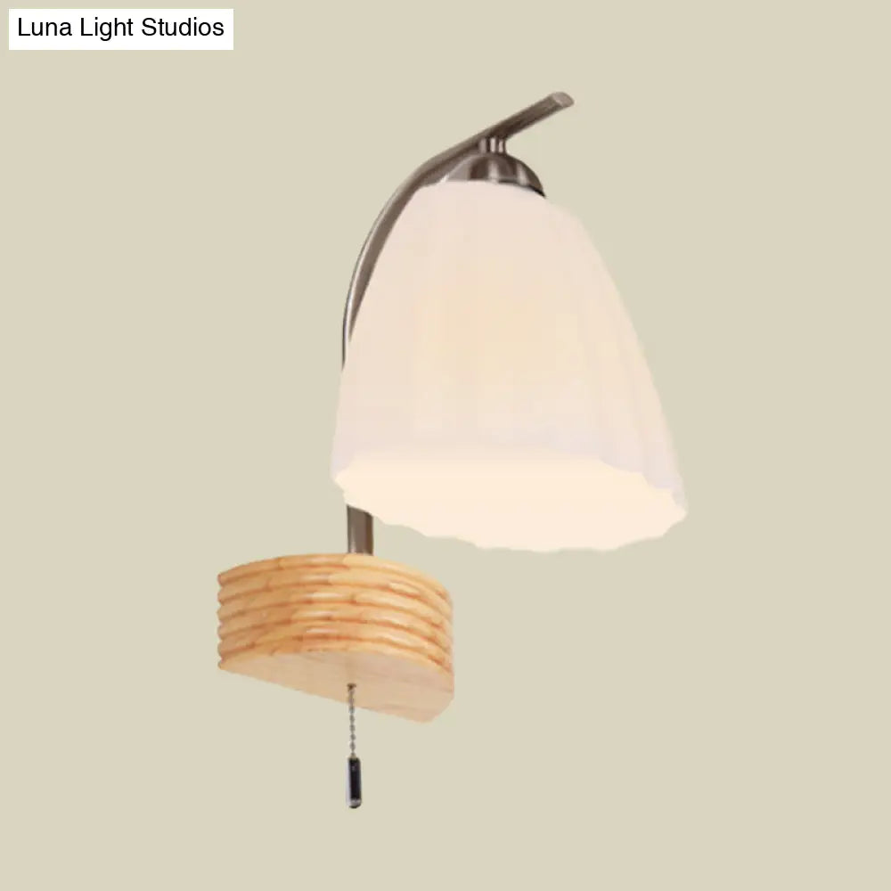 Modern Ribbed Glass Flared Sconce Light Fixture With Pull Chain And Wood Backplate - 1 Head Wall