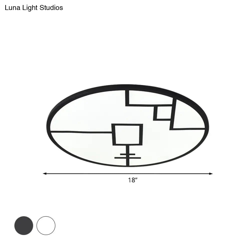 Modern Round Flush Mount Led Bedroom Light In White/Black Metallic With Pattern