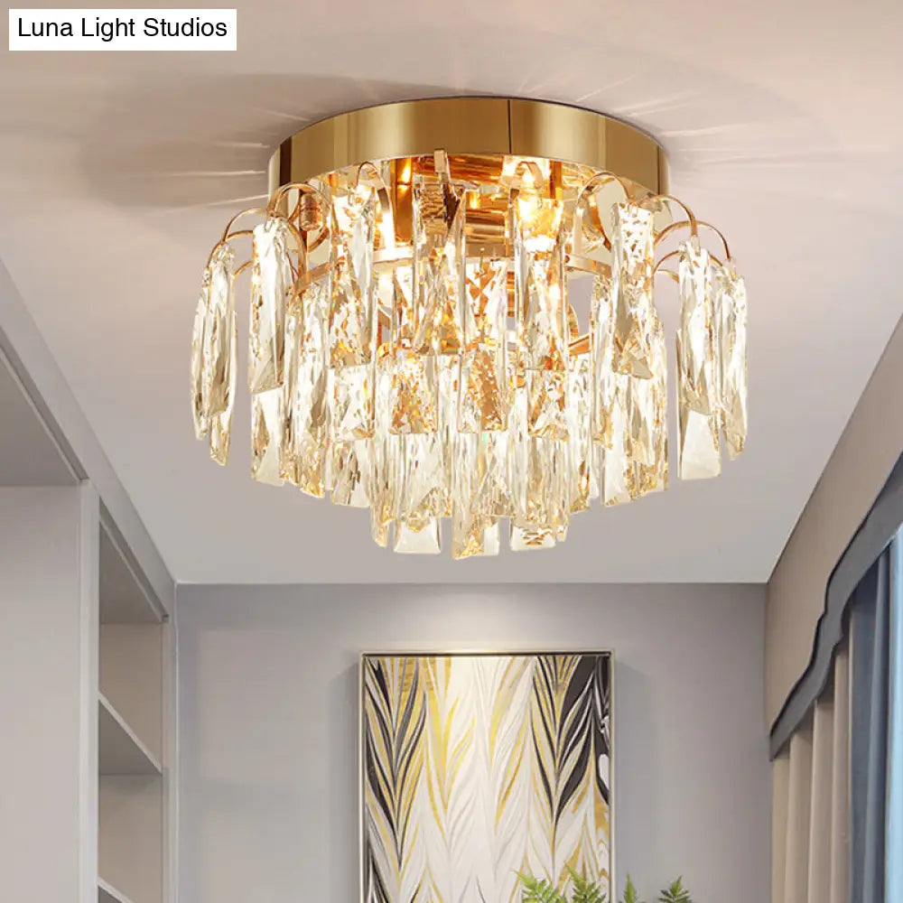 Modern Round Flush Mount Light With Clear Crystal Prism Chrome/Gold Finish 2 Lights