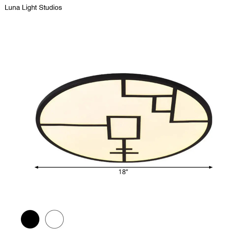 Modern Round Led Ceiling Light In Black/White With Geometric Pattern - Flush Mount Fixture For